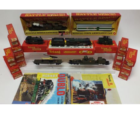 A group of Triang railways items, to include a boxed Battle Space ambulance car, missile launcher, unboxed searchlight and he