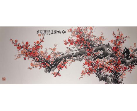 ZHOU TIANSHOU, PLUM BLOSSOM 周天壽 紅梅報春圖； Please note: in-house shipping cannot be arranged for this item, bidders need to conta