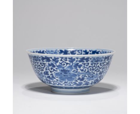 A CHINESE BLUE AND WHITE 'FLORAL AND FOLIATE SCROLL' BOWL； H7.2cm, Caliber 16.3cm, Foot diameter7cm；285g；with box; with 'da q