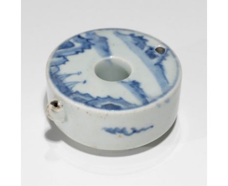 A KOREAN BLUE AND WHITE ‘LANDSCAPE' WATER DROPPER, JOSEON DYNASTY； H 3.8cm，W 7.7cm，L8.6cm，Foot diameter 5.7cm; 208g; with box