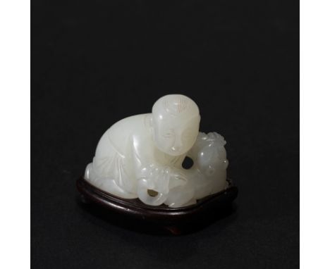 A CHINESE WHITE JADE 'BOY AND TIGER' ORNAMENT； H3.7cm，L4.6cm；Jade 37g，Stand 4g；with stand;