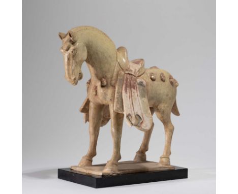 A CHINESE COLOR PAINTED WHITE GLAZED FIGURE OF HORSE； Please note: in-house shipping cannot be arranged for this item, bidder