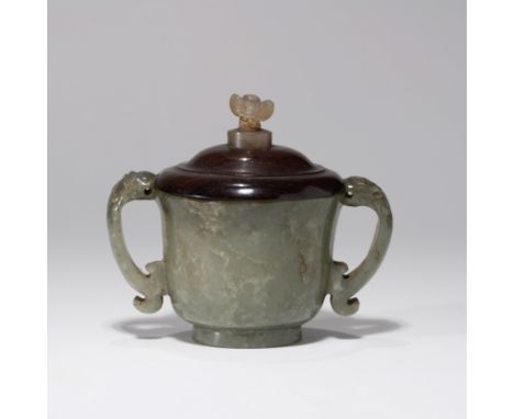 A CHINESE GREEN JADE BEAST-HANDLED CENSER； H7.1cm，L12.2cm，Caliber 8.5cm，Foot diameter4.8cm；Jade 255g，Cover 66g；with box; with