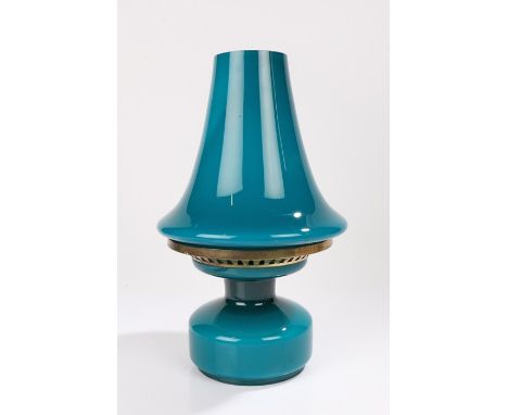 Swedish art glass lamp, Hans Agne Jakobsson label, in blue glass shade and base with gilt metal collar, 34cm high