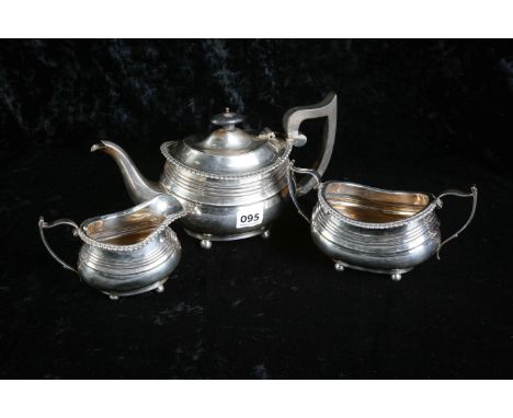 3 PIECE SILVER TEA SERVICE.  1.072KG.  LONDON (TEAPOT 1915/16) &amp; (MILK/SUGAR 1914/15)