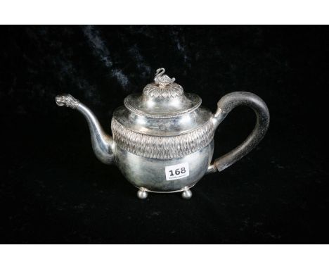 SILVER DECORATIVE TEAPOT.  SWAN ON LID WITH ANIMAL HEAD SPOT.  BUN FEET.  500 GRAMS.  CONTINENTAL.