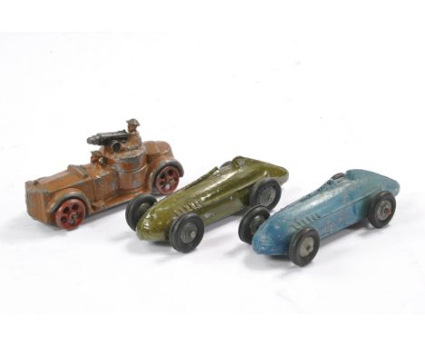 Johillco vintage Armoured Car plus duo of early issue Timpo Racing Cars. Generally fair to good. 