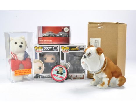 A group of TV related eclectic collectables comprising Funko Pop duo inc James Bond 007 and Robby the Robot, Original Churchi