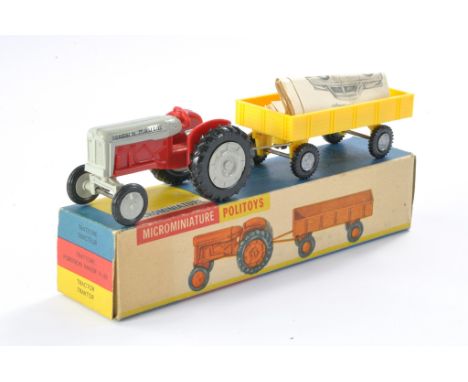 Politoys Microminiature Series Vintage farm toy issue comprising Fordson Major Tractor in red and grey with trailer (in yello