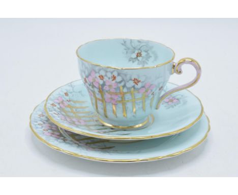 Aynsley bone china cup, saucer and side plate (trio) decorated with a floral garden scene on light blue / green background (3