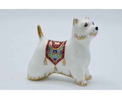 Royal Crown Derby paperweight in the form of a West Highland Terrier. First quality with stopper. In good condition with no o