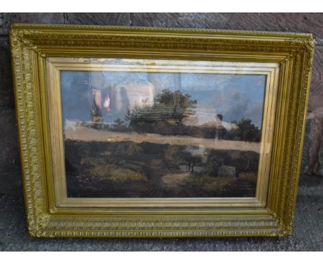 A 19th century oil on canvas in a gilt frame showing a countryside scene with a couple of figures in front of the farmhouse, 