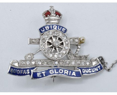 18ct white gold, enamel &amp; diamond set Royal Artillery Sweetheart brooch, 7.3g.  