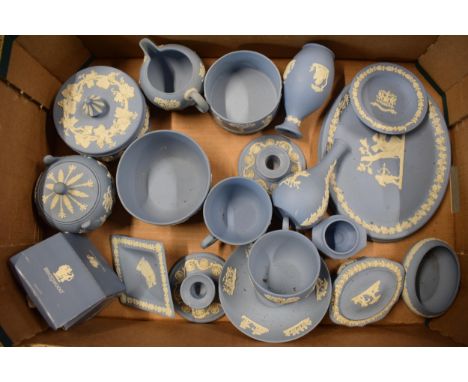 A collection of Wedgwood light blue Jasperware to include bowls, trinkets, plaques, cup and saucers etc (approx 20 pieces)  M