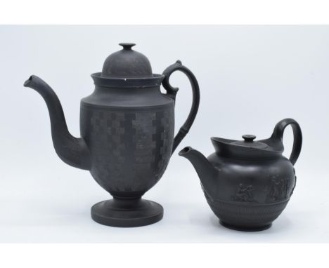A late 18th century / early 19th century, circa 1800, black basalt coffee pot and cover with engine-turned decoration  , 25cm