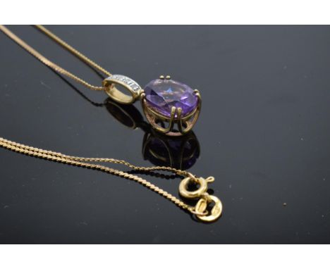 9ct gold amethyst &amp; diamond set pendant with 9ct flat S link chain, 42cm, long.  Pendant 22mm high, weight overall 3.4g. 