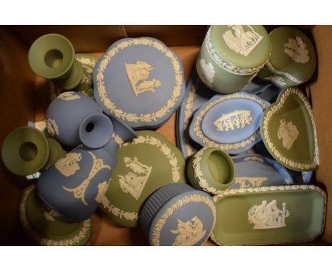 A collection of Wedgwood Jasperware in light blue and sage green colours to include an oval plaque, trinkets, vases, candlest