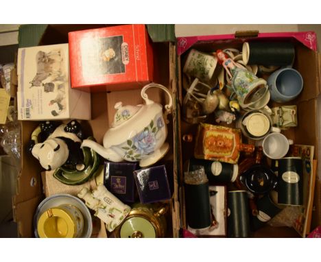 A good collection of items to include Beswick panda teapot (lid af), Gibson teapot, Hollohaza figure (beak af) and other coll