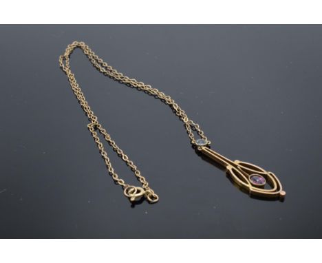 9ct gold pendant set with amethyst stone on a 9ct gold chain, 2.3 grams. 42cm length of chain. 