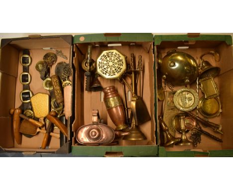 An interesting collection of brass and copper items to include watering can, teapot, horse brasses, companion set etc (Qty). 