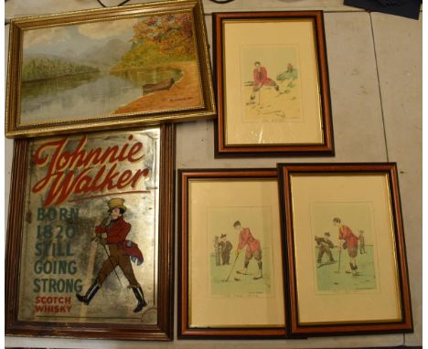 A collection of framed items to include vintage Johnnie Walker Scotch Whisky pub advertising mirror, Edmund G Fuller golfing 