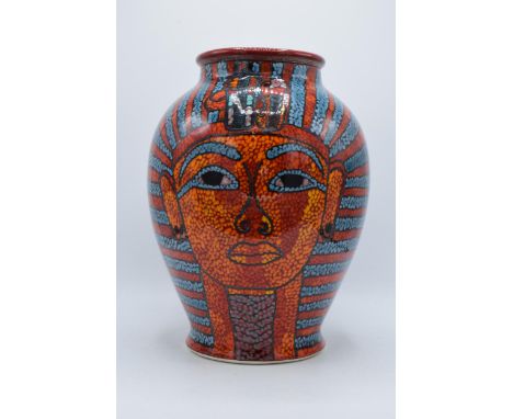 Large Poole Pottery Studio bulbous vase in the Tutankhamun design signed by Nicola Massarella GG38. 35cm tall, 25cm widest.  