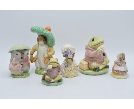 Royal Albert Beatrix Potter figures to include Lady Mouse, The Old Woman who lived in a Shoe Knitting, Jeremy Fisher, Goody a
