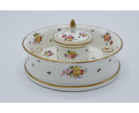 19th century pottery inkwell / ink stand decorated with floral sprays and gilt detailing, believed to be Swansea Pottery. 13.