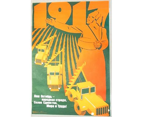 Russian Propaganda Poster 1986 - "1917 Our October - People's harvest, unity of the world and work" a brightly coloured poste