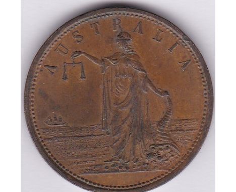 Australia -1862 (ND) Penny Token, R. Parker, Geelong Victoria, obv Ironmonger/Moorabose Street/Geelong, rev Australia, Justic