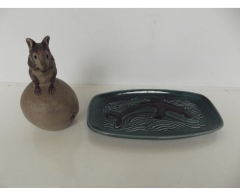 Poole Pottery Mouse on an Apple with Poole dolphin pin dish