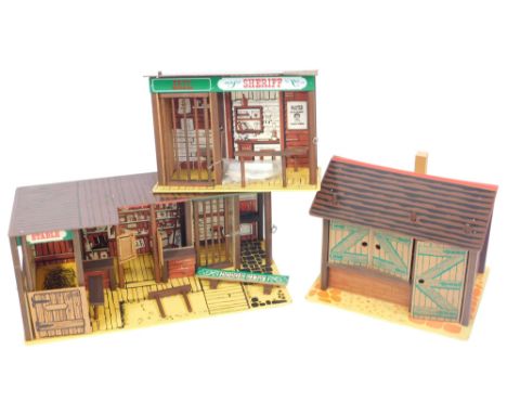 Marx Toys The Lone Ranger play sets, including Dodge City play set, Sheriff's Office, and Homestead. (3)