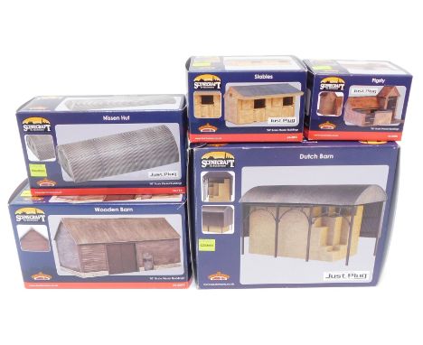 Bachmann Branchline OO gauge Scenecraft buildings, comprising 44-0051 Stables, 44-0056 Dutch Barn, 44-058 Pig Sty, 44-0057 Wo