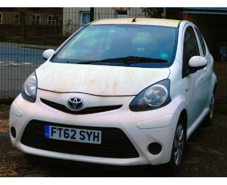 A Toyota AB1 Aygo VVT-1 ICE, registration FT62 SYH, three door hatchback, manual, petrol, white, first registered 22/12/2012,