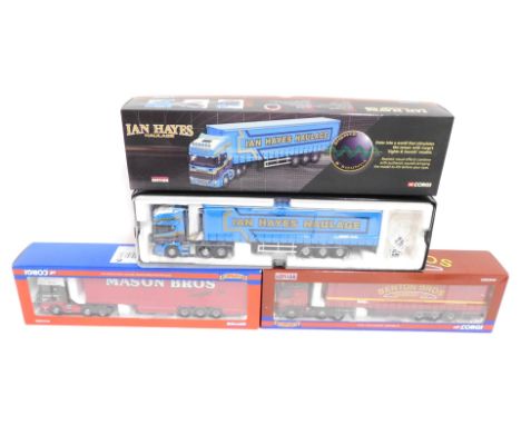 Corgi Hauliers of Renown diecast 1:50 scale tractors and trailers, comprising CC14005 Volvo FH curtain side Benton Brothers L