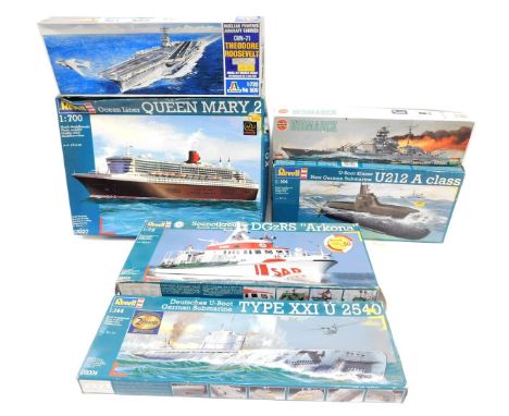 Revell and Italeri model kits, comprising Queen Mary II ocean liner, Search and Rescue cruiser DGZRS Arkona, German U boat ty