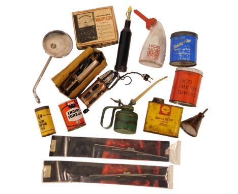 Automobile parts and accessories, comprising Lucas battery filler, grease gun, Micronta multi tester, Shell Spyrex 90 EP gear