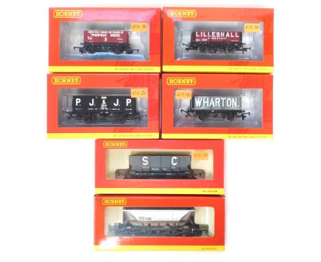 Hornby OO gauge rolling stock, comprising R6754 six plank wagon London Brick Company, R6866 Lilleshall five plank wagon 1750,