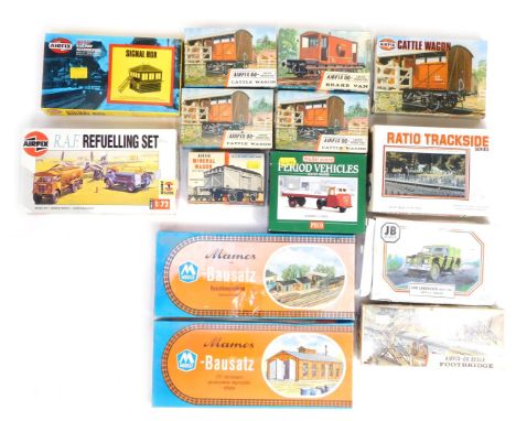 Airfix, Model Scene and other OO gauge model kits, including Airfix cattle wagons, Airfix OO scale footbridge, JB Models long