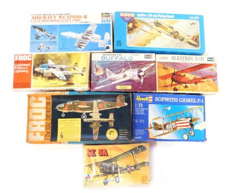 Revell, Frog and other 1:74 scale model kits, including an Albatross D-III, Brewster F2A Buffalo, Sopwith Camel F1, Spitfire 