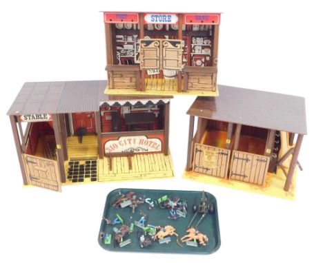 Marx Toys The Lone Ranger play sets, including Sio City Hotel, General Store, and Stables, together with various plastic and 