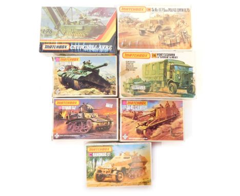 Matchbox model kits, 1:76 scale, including Sherman Firefly, Stewart mark 3 A1 Honey, Hanomag SDKFZ, Monty's Caravan, Churchil