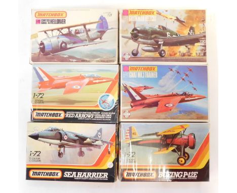 Matchbox model kits, 1:72 scale, comprising Gnat MkI Trainer, HS Gnat Mk T1, Boeing P-12E, SBC4 Hell Diver, Grumman Hellcat, 