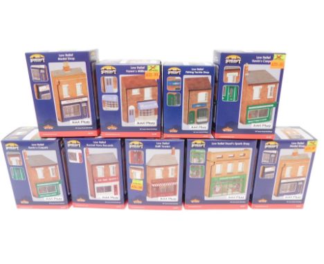 Bachmann Branchline OO gauge Scenecraft Low Relief buildings, including 44-273 Low Relief Rocket Ron's Records, 44-279 Low Re