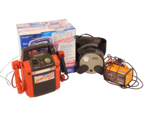 A Clarke Jump Start 1000 jump start unit, an RFC battery charger, and a Ring battery starter. (3) 