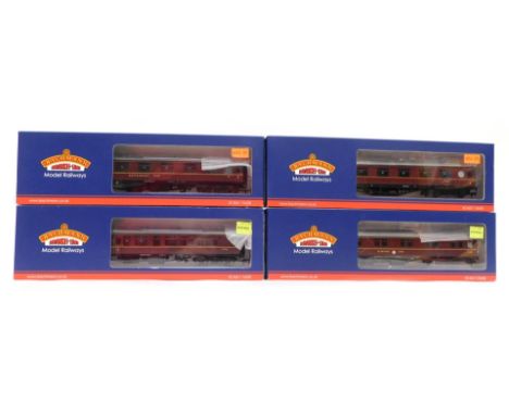 Bachmann Branchline OO gauge coaches, comprising 39-456 LMS 57ft porthole coach corridor First, BR maroon livery, 39-126C BR 