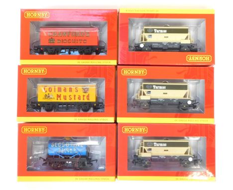 Hornby OO gauge rolling stock, packs comprising R6829 PGA hopper wagons, and R6990 Hornby Retro wagons three pack, boxed. (2)