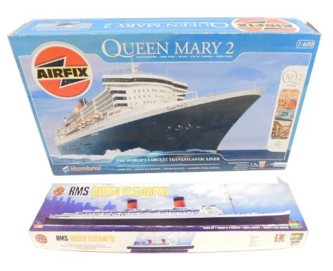 Two Airfix 1:600 scale model kits, comprising Queen Mary II model kit, and RMS Queen Elizabeth model kit, boxed. (2) 