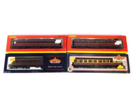 Bachmann Branchline and Hornby OO gauge coaches, comprising 34-627A BR MkI Suburban coach, BR maroon livery, R4262A BR 61ft 6