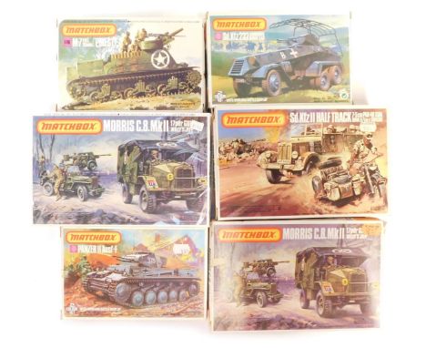 Matchbox plastic model kits, 1:76 scale,  including Morris C8 MkII and Willie's Jeep, SDKFZ II half track, M7HMC Y5mm Priest,